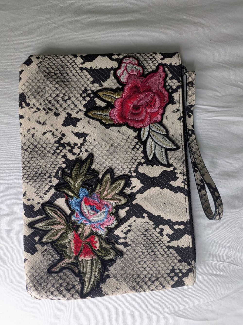 Faux Snakeskin Wristlet Clutch with Embroidered Floral Patches